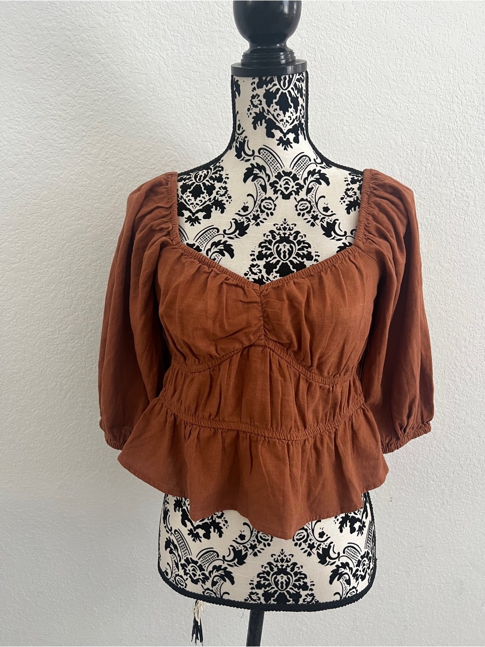 A New Day Terracotta Puff Sleeve Peplum Blouse Size M Ruched Boho Top